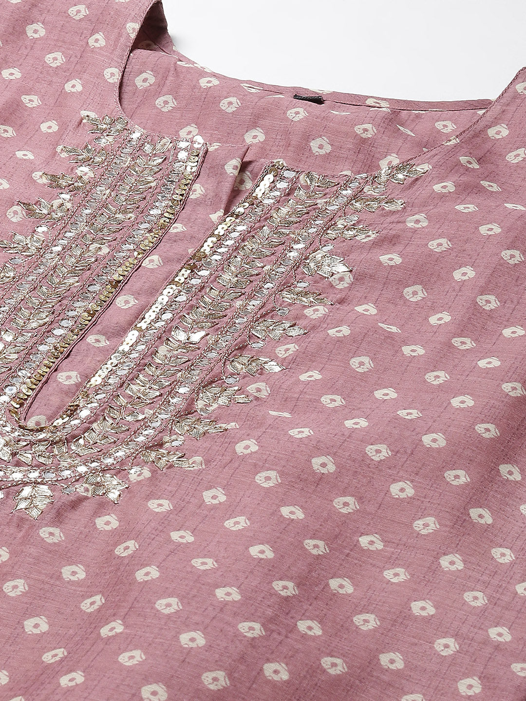 Printed &amp; Neck Embroidered Chanderi Kurta With Pants