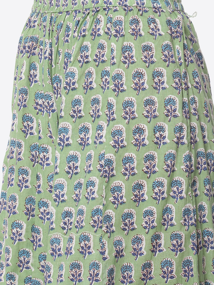 Block Printed Cotton Anarkali Kurti With Palazzo And Printed Dupatta