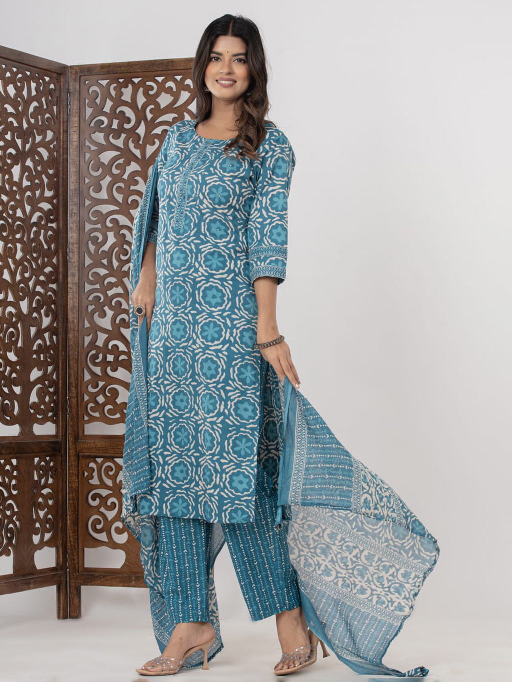 Light Blue Embroidered Cotton Blend Straight Suit Set With Dupatta