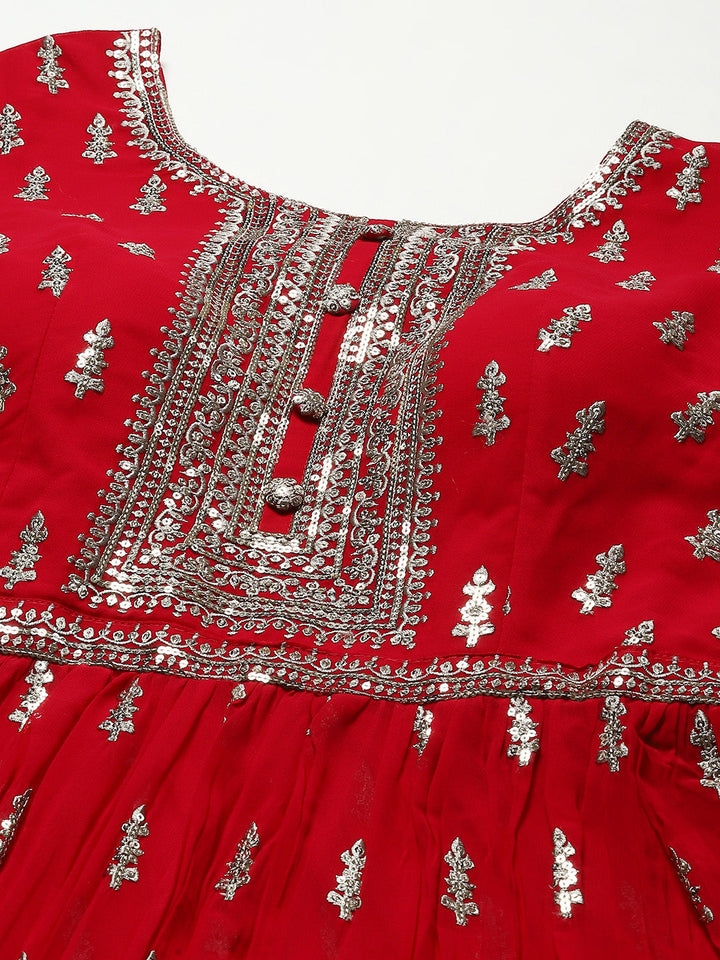 Resham Sequin Booti Georgette Kurta With Palazzo &amp; Dupatta