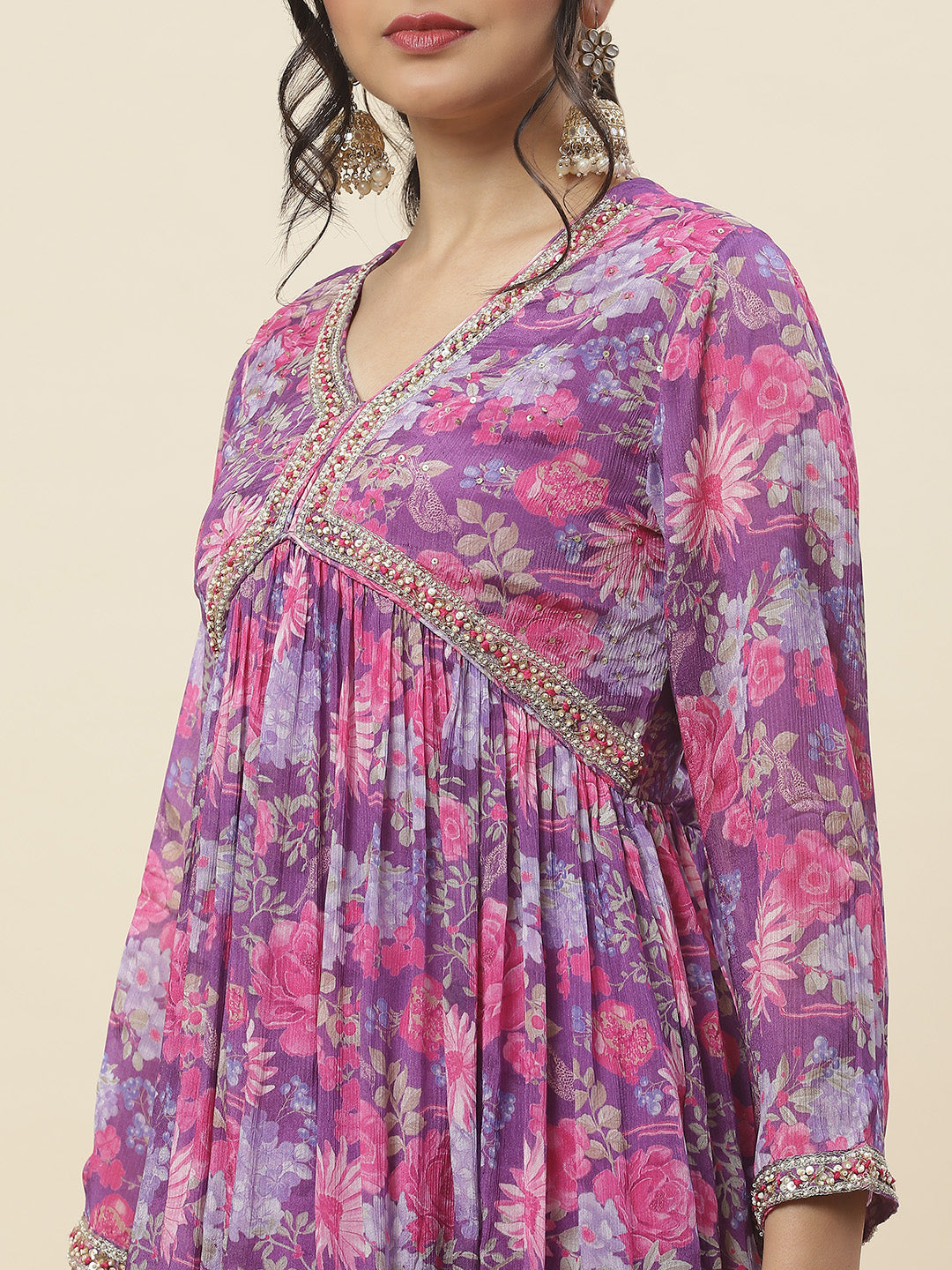 Floral Printed Chinnon Kurti With Garara &amp; Dupatta