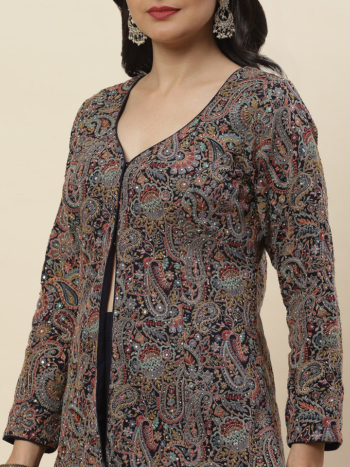 Embroidered Georgette Jacket Style Top With Palazzo &amp; dupatta