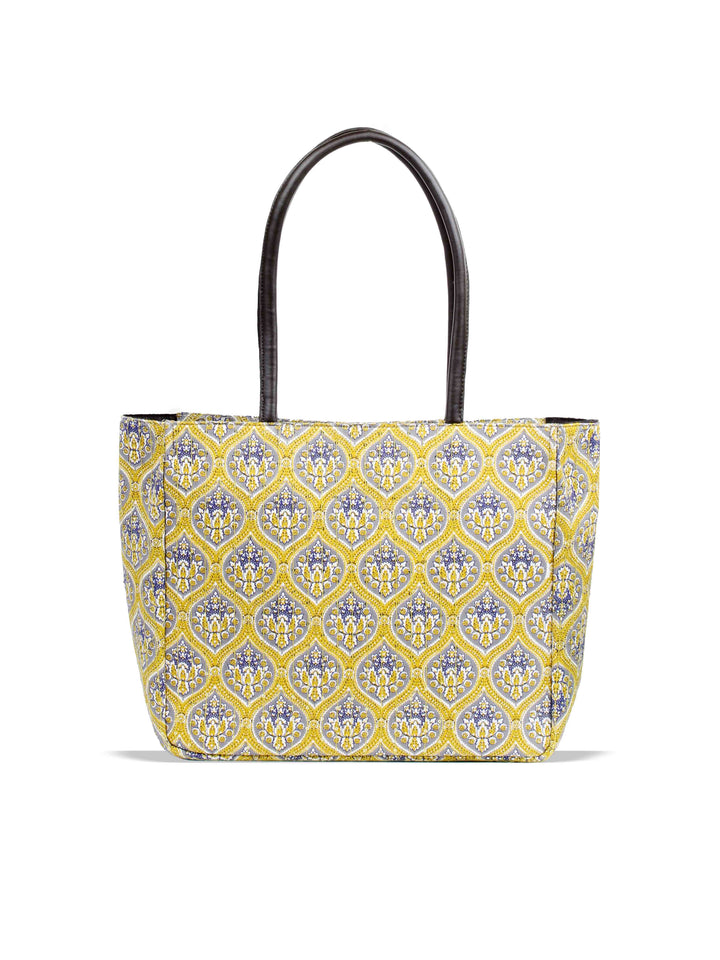 Yellow Printed Cotton Handbag With Pouch