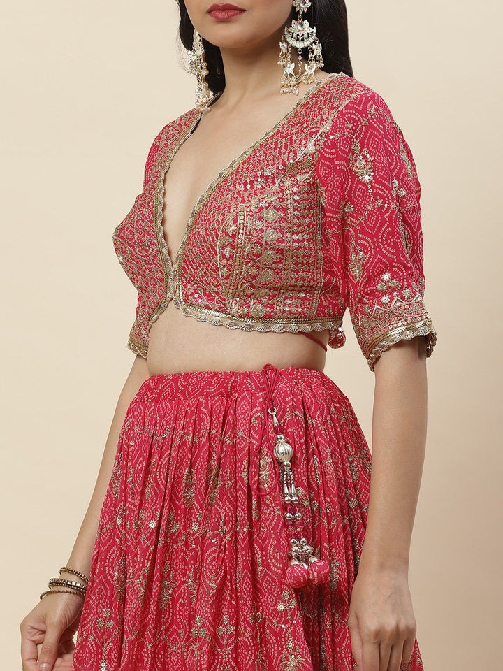Zari Booti Embroidered Georgette Choli With Lehenga &amp; Dupatta