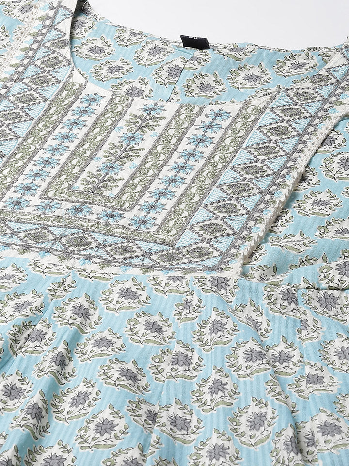 Floral Printed Cotton Kurta With Pants &amp; Dupatta