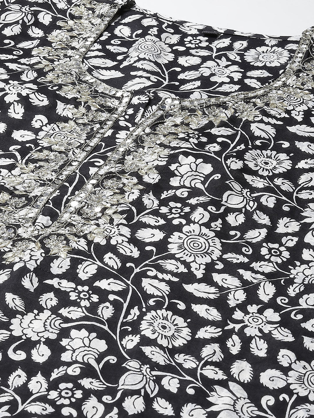Printed &amp; Neck Embroidered Muslin Kurta With Pants
