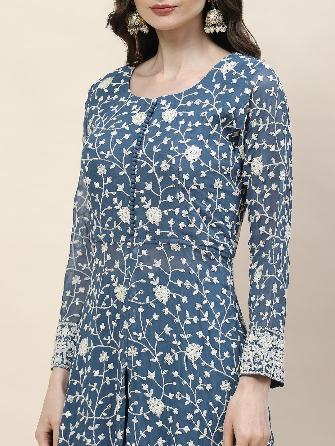 Resham Embroidery Georgette Kurta With Sharara &amp; Dupatta
