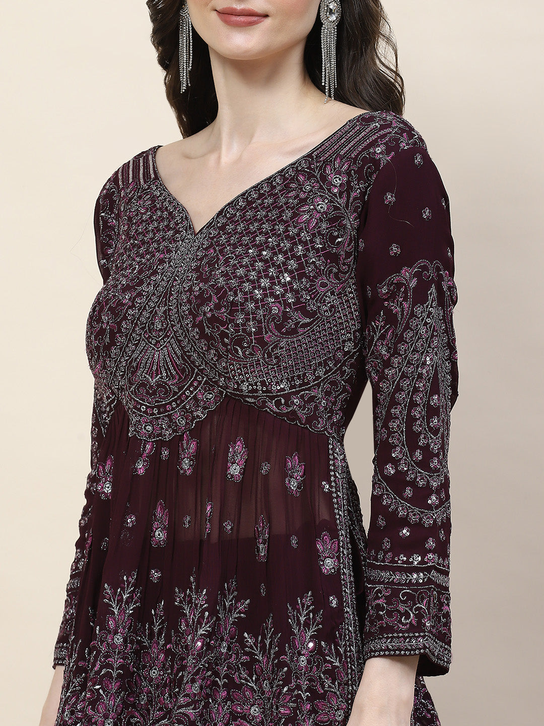 Sequin Zari Embroidered Georgette Choli With Lehenga &amp; Dupatta