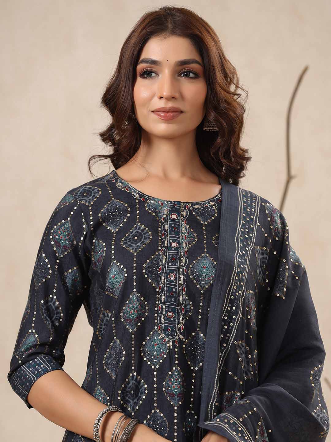 Block Printed Muslin Kurta With Pants &amp; Dupatta
