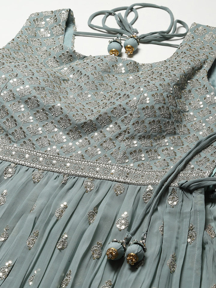 Sequin Embroidered Georgette Kurta With Palazzo &amp; Dupatta