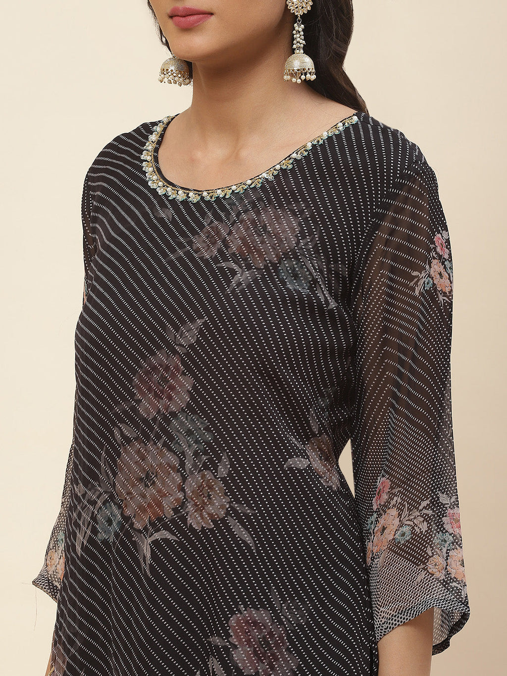 Floral Printed Georgette Kurta With Pants & Dupatta
