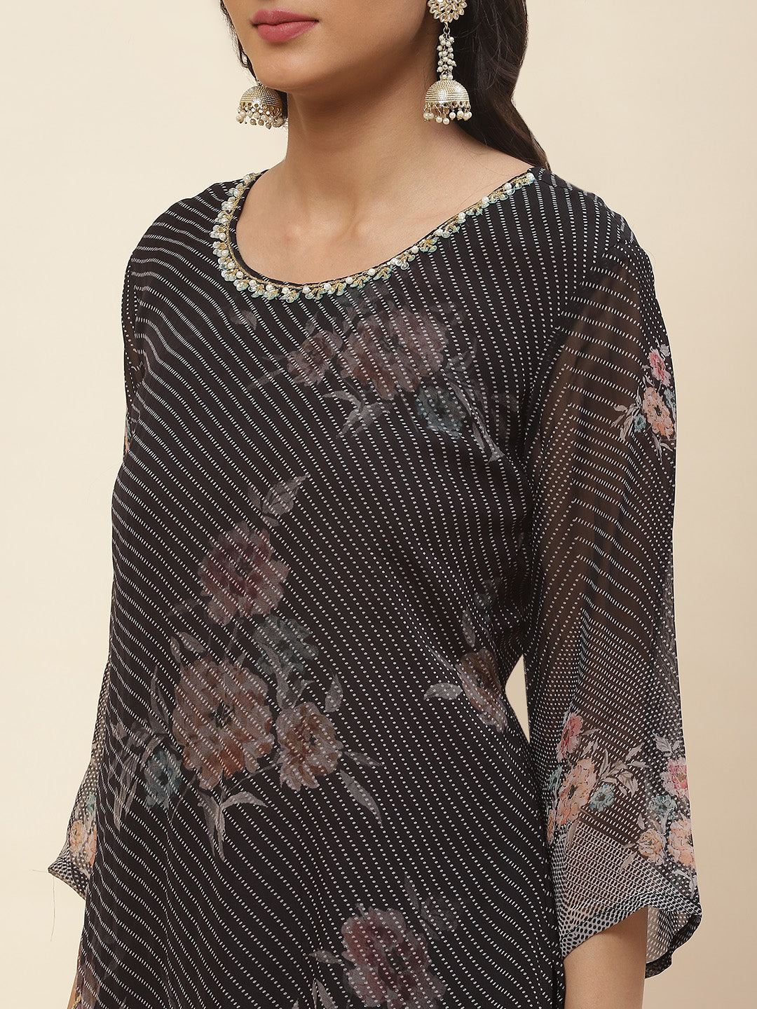 Floral Printed Georgette Kurta With Pants &amp; Dupatta
