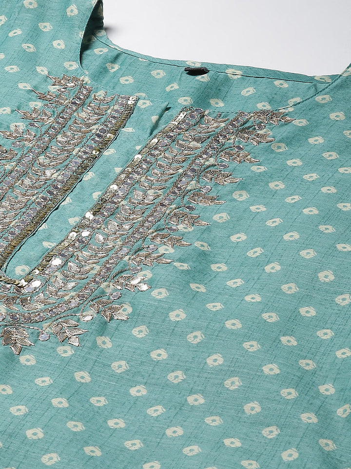 Printed &amp; Neck Embroidered Chanderi Kurta With Pants