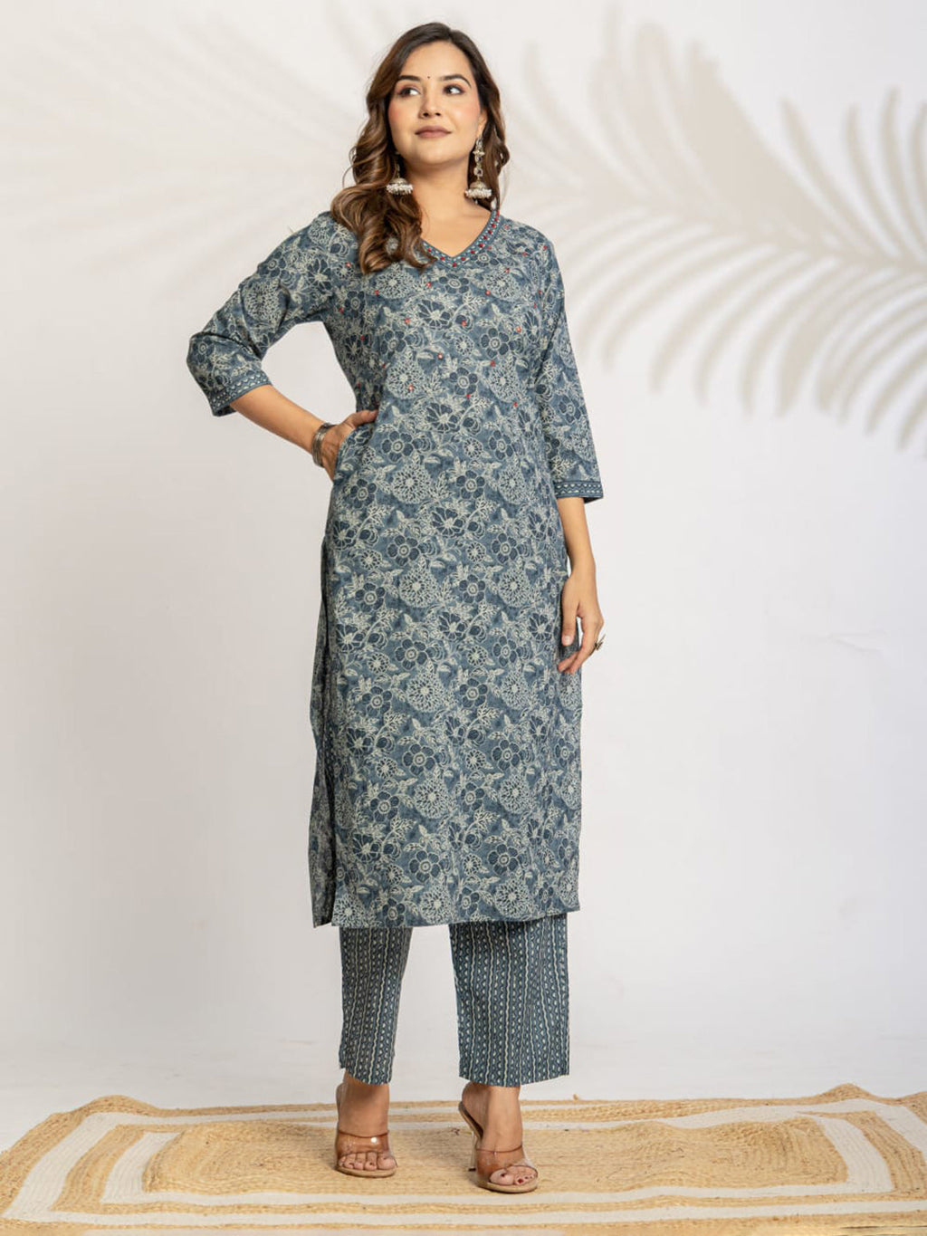 Grey Embroidered Cotton Blend Straight Suit Set With Dupatta