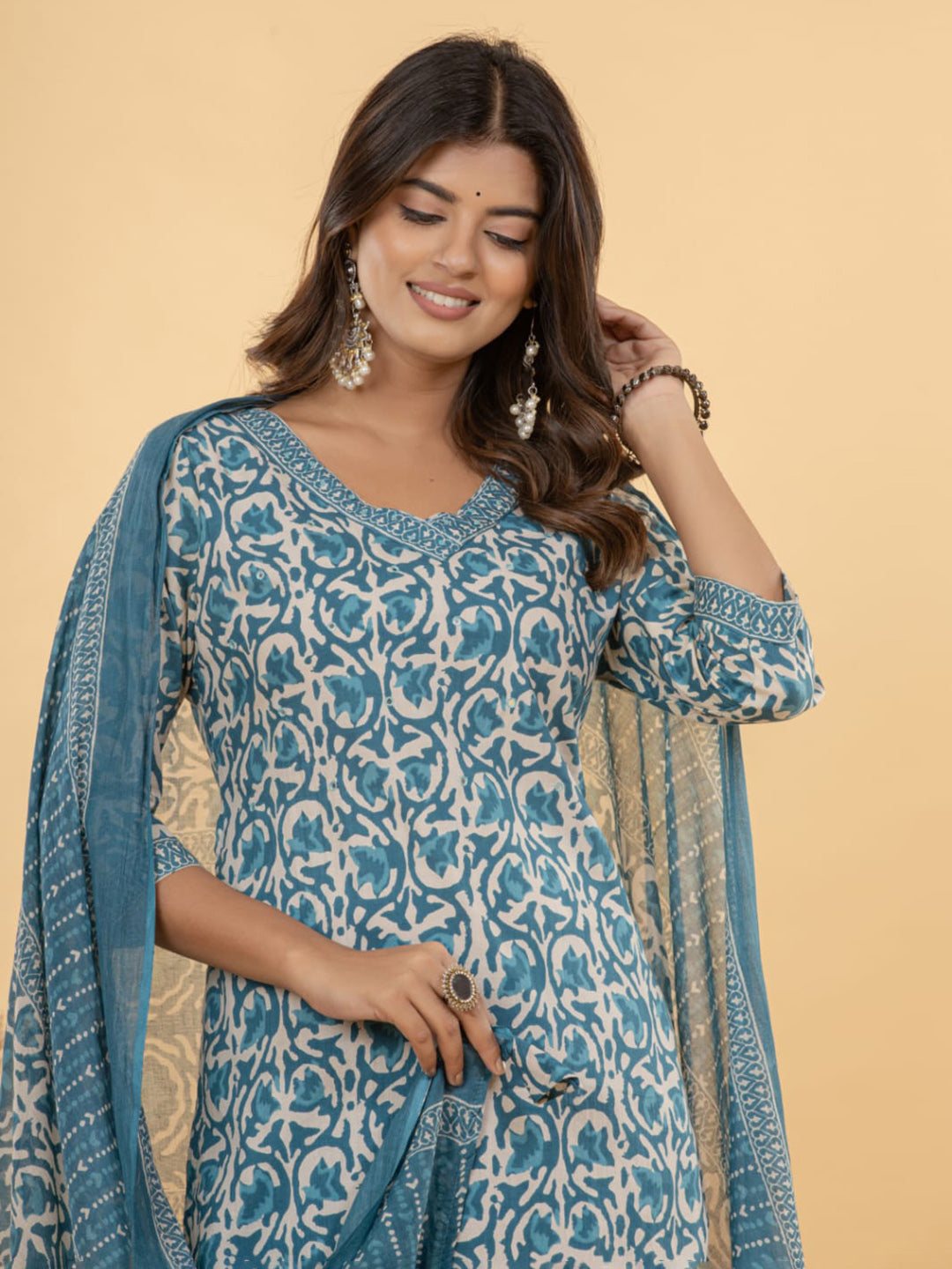 Light Blue Embroidered Cotton Blend Straight Suit Set With Dupatta
