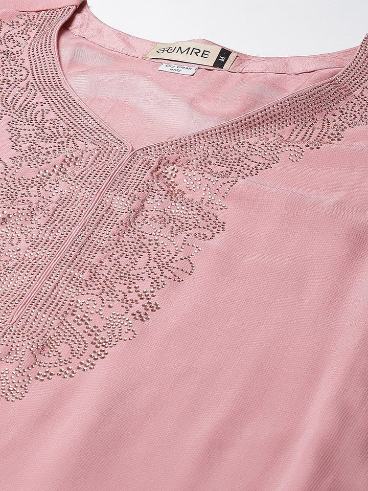 Neck Embellished Georgette Kurta With Palazzo &amp; Dupatta