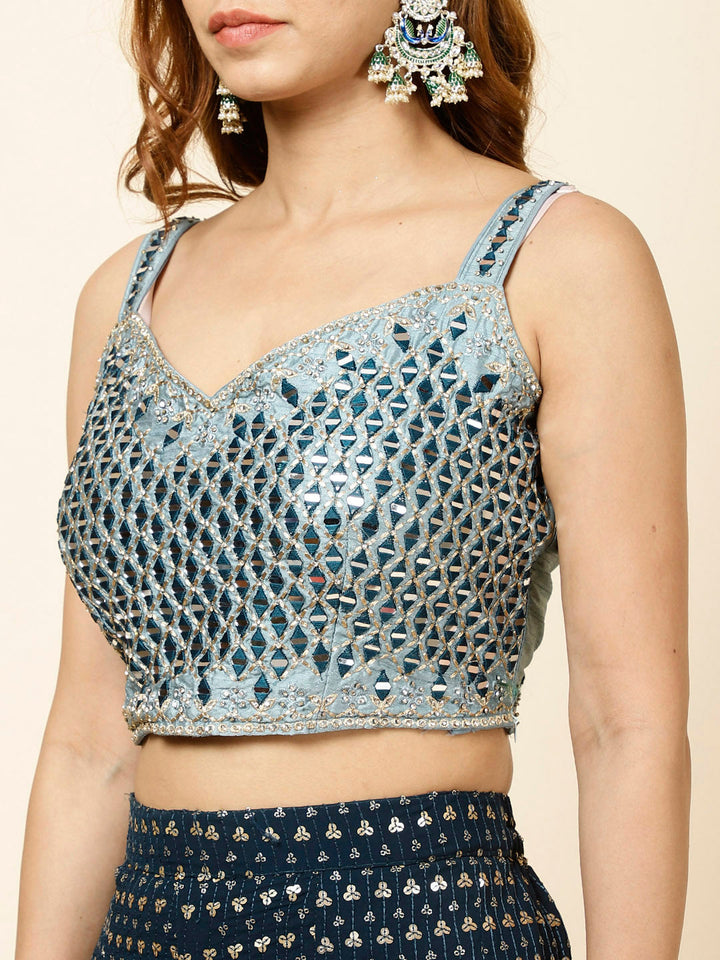 Mirror Work Embroidered Georgette Crop Top With Sharara &amp; Dupatta