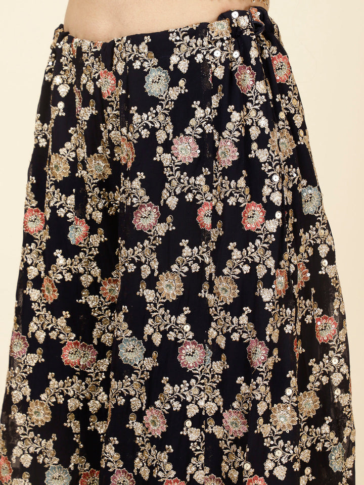 Zari Embroidered Georgette Crop Top With Palazzo &amp; Dupatta