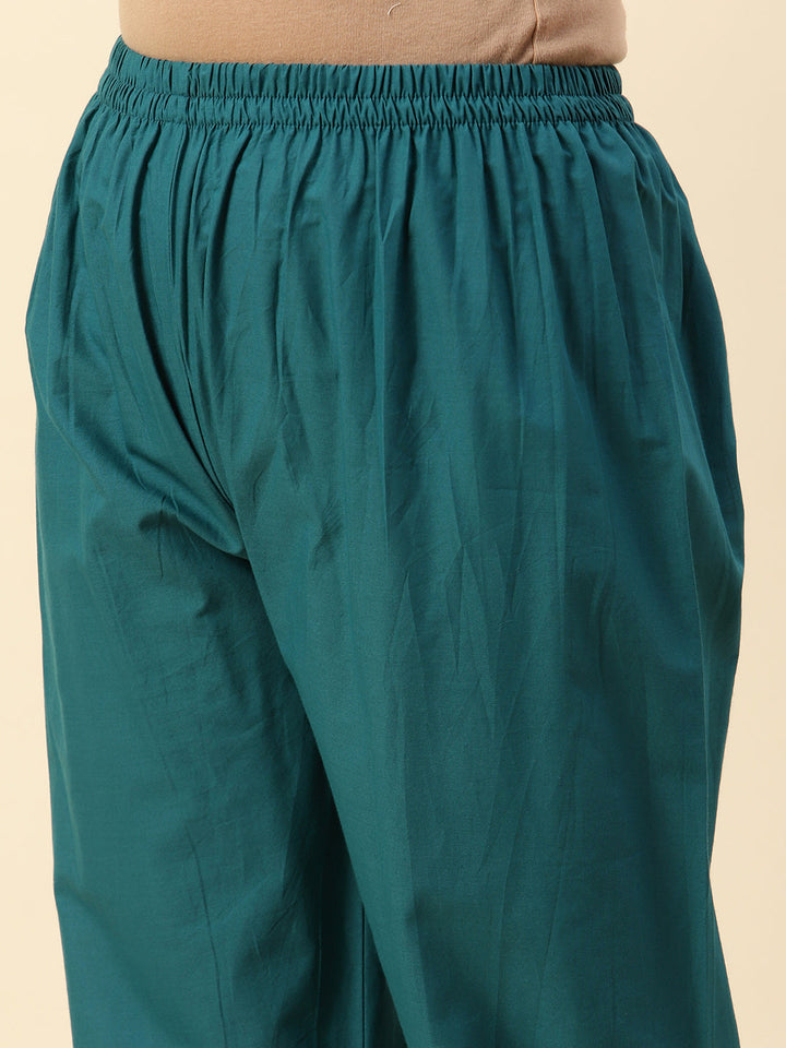 Printed &amp; Neck Embroidered Chanderi Kurta With Pants