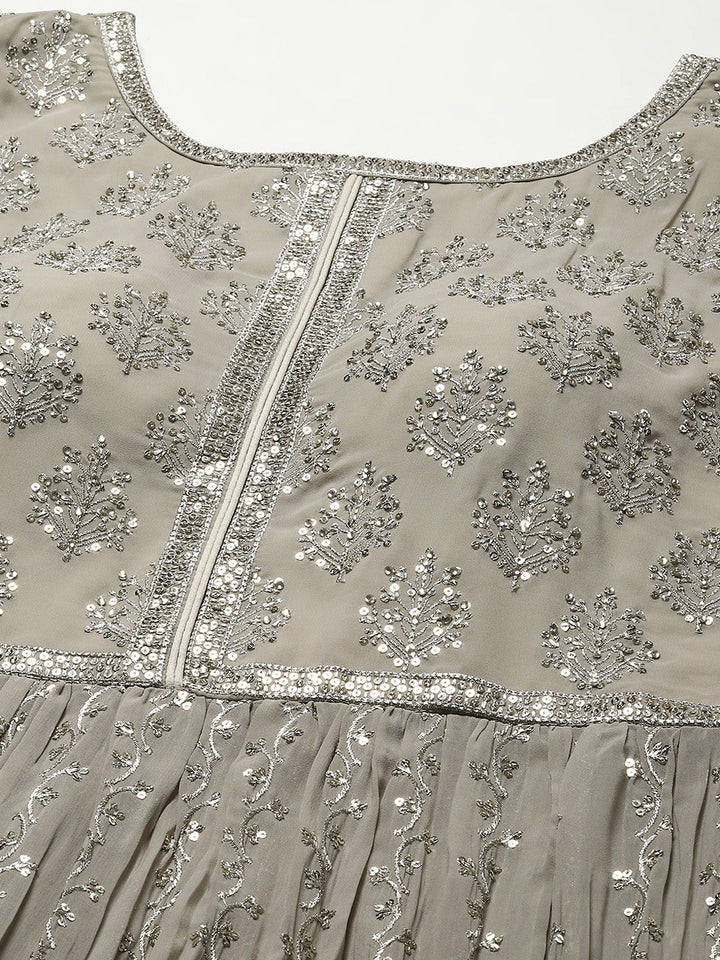 Sequin Embroidered Booti Georgette Kurta With Palazzo &amp; Dupatta