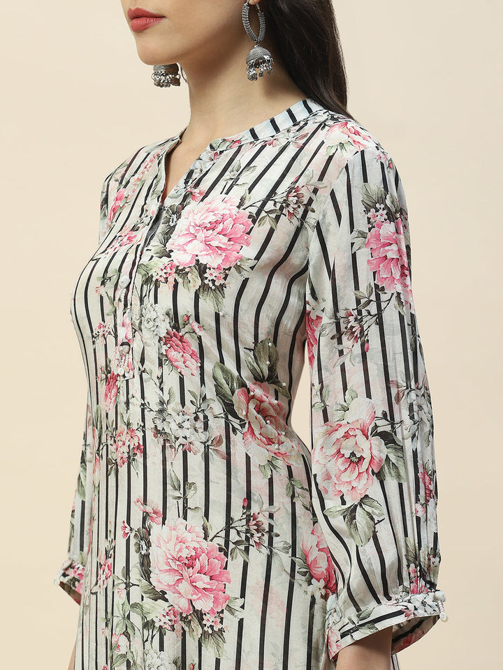 Floral Print Muslin Kurta With Pants