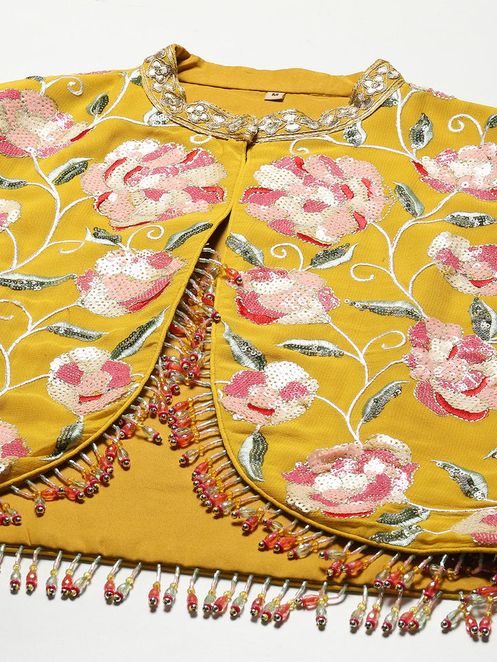 Floral Sequin Embroidery Georgette Kurta With Jacket &amp; Dupatta