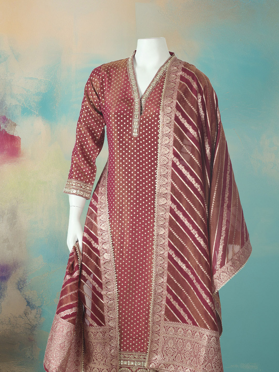 Embroidered Tissue Kurta With Pant &amp; Dupatta