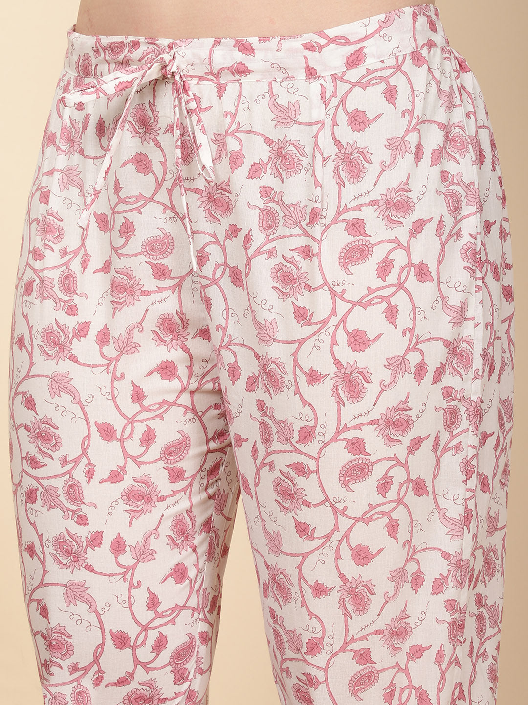 Floral Block Printed Cotton Kurta With Pants &amp; Dupatta