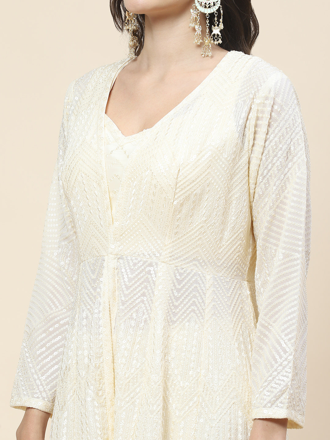 Sequin Embroidered Georgette Top Jacket With Palazzo &amp; Dupatta
