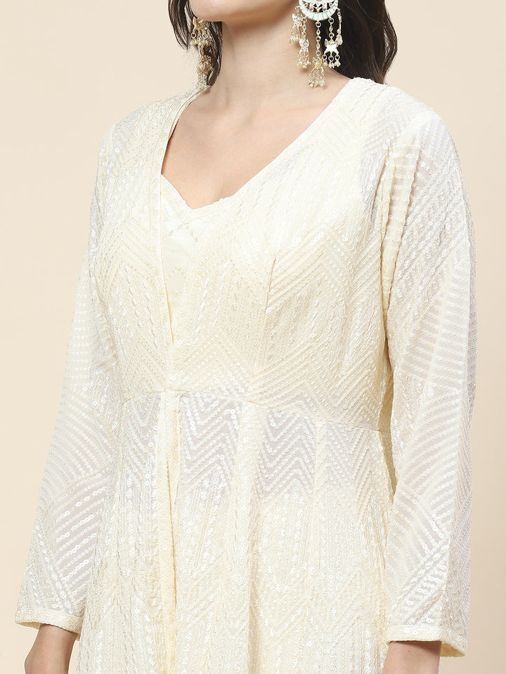 Sequin Embroidered Georgette Top Jacket With Palazzo &amp; Dupatta