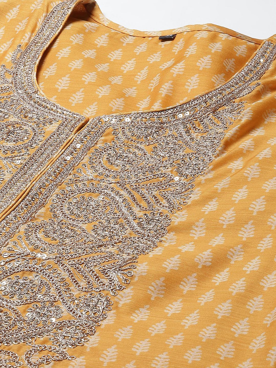Printed &amp; Neck Embroidered Chanderi Kurta With Pants &amp; Dupatta