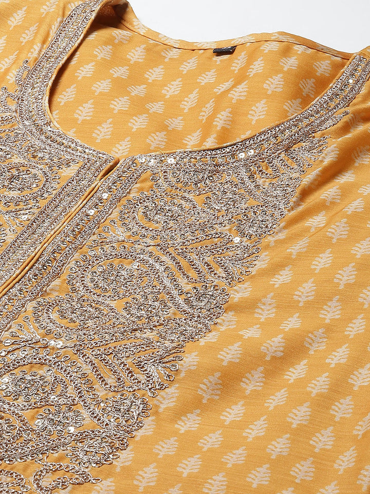 Printed &amp; Neck Embroidered Chanderi Kurta With Pants &amp; Dupatta
