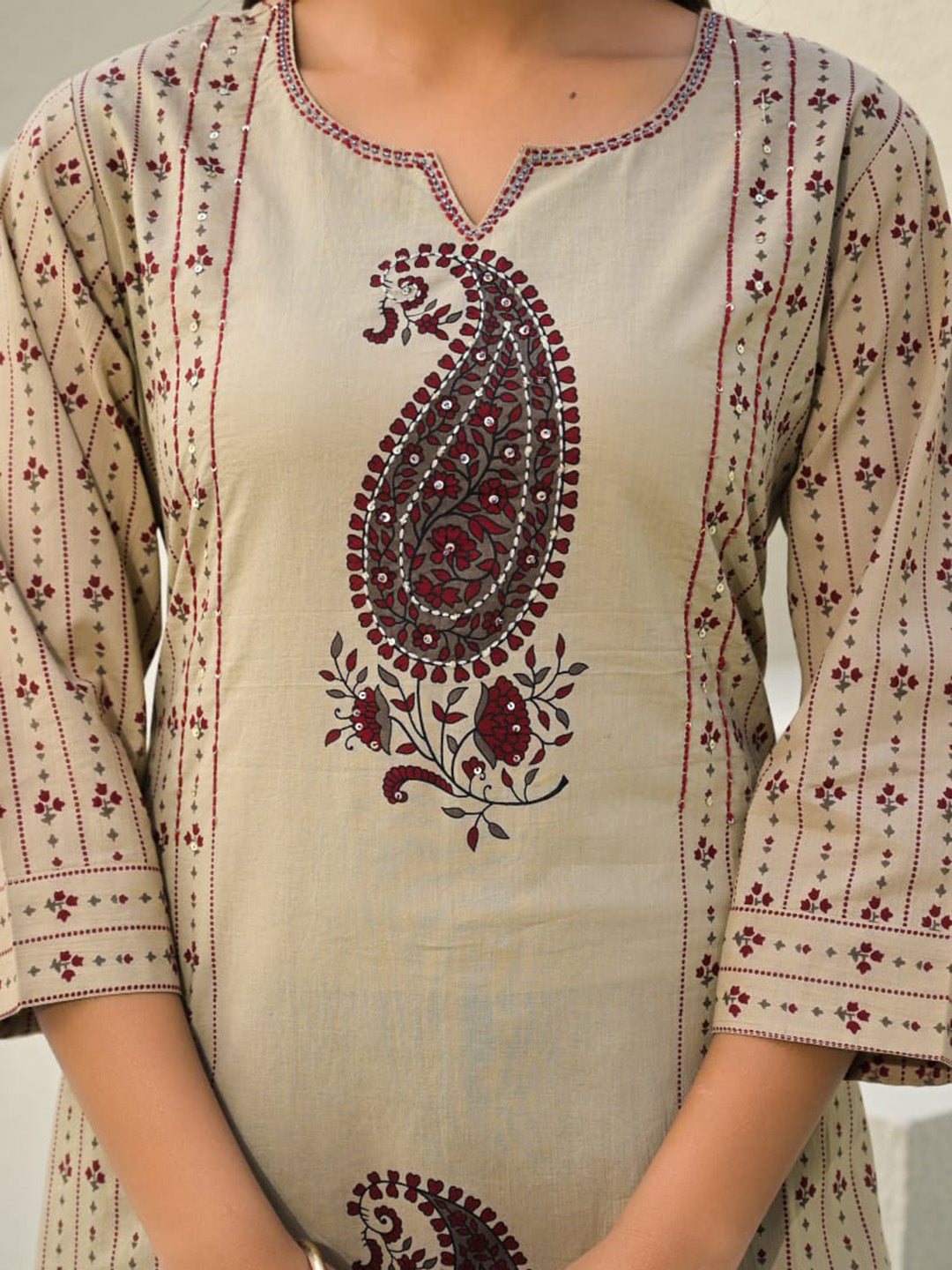 Beige Red Cotton Blend Printed Straight Suit Set