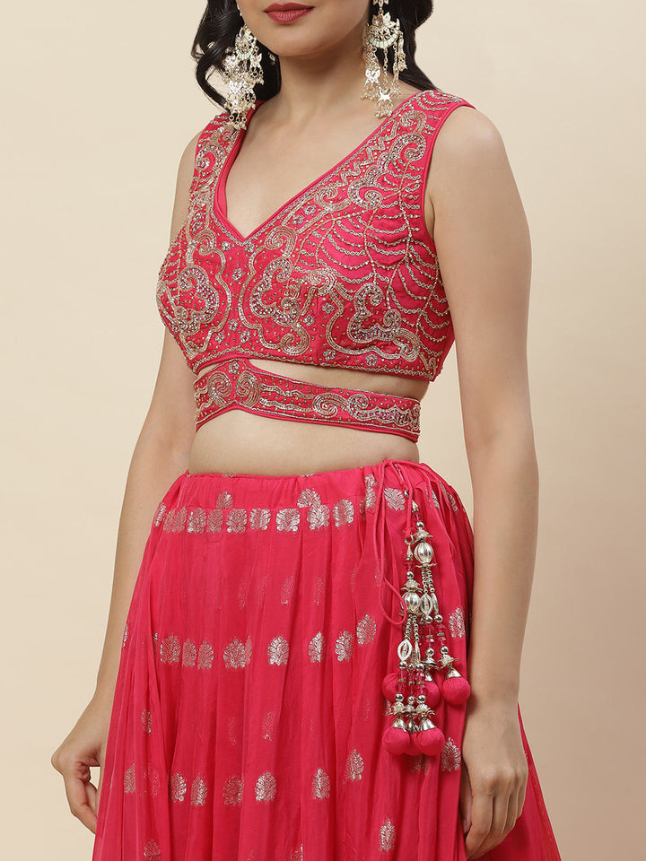 Zari Booti Embroidered Organza Choli With Lehenga &amp; Dupatta