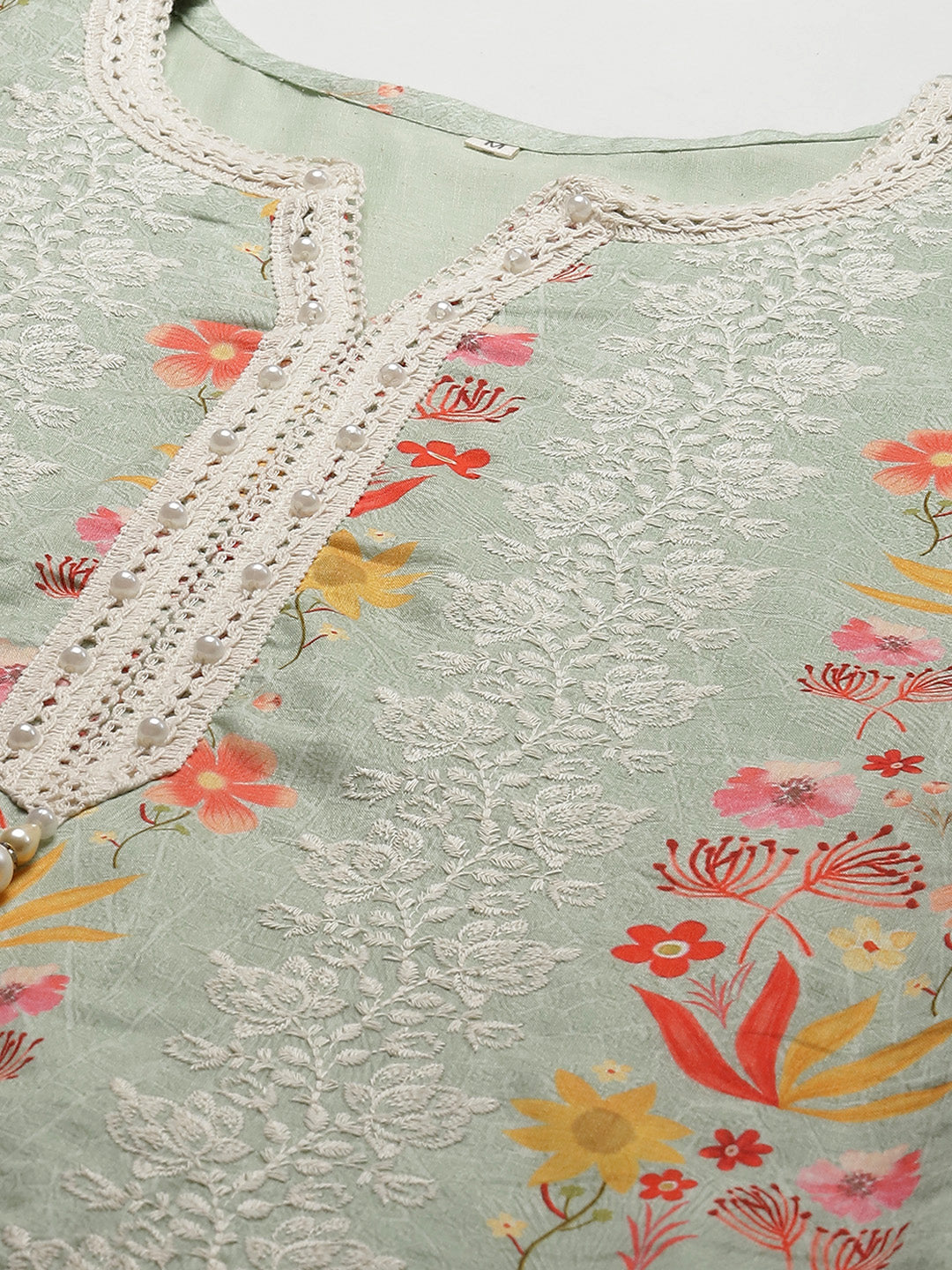 Floral Printed &amp; Embroidered Cotton Kurta With Pants &amp; Dupatta