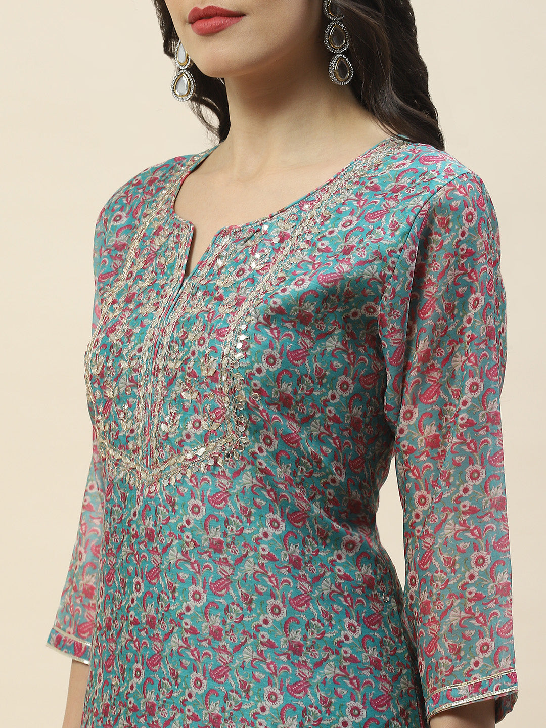 Printed Gota Work Chanderi Kurta With Pants