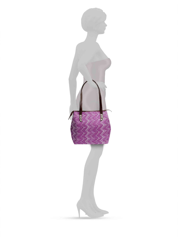 Purple Printed Cotton Handbag With Pouch