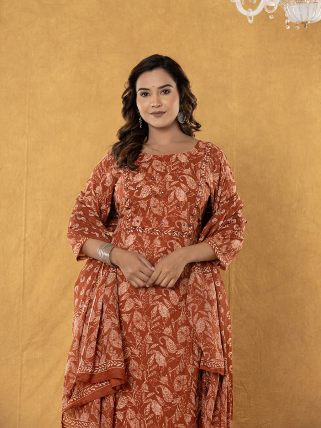 Orange Embroidered Cotton Blend Straight Suit Set With Dupatta
