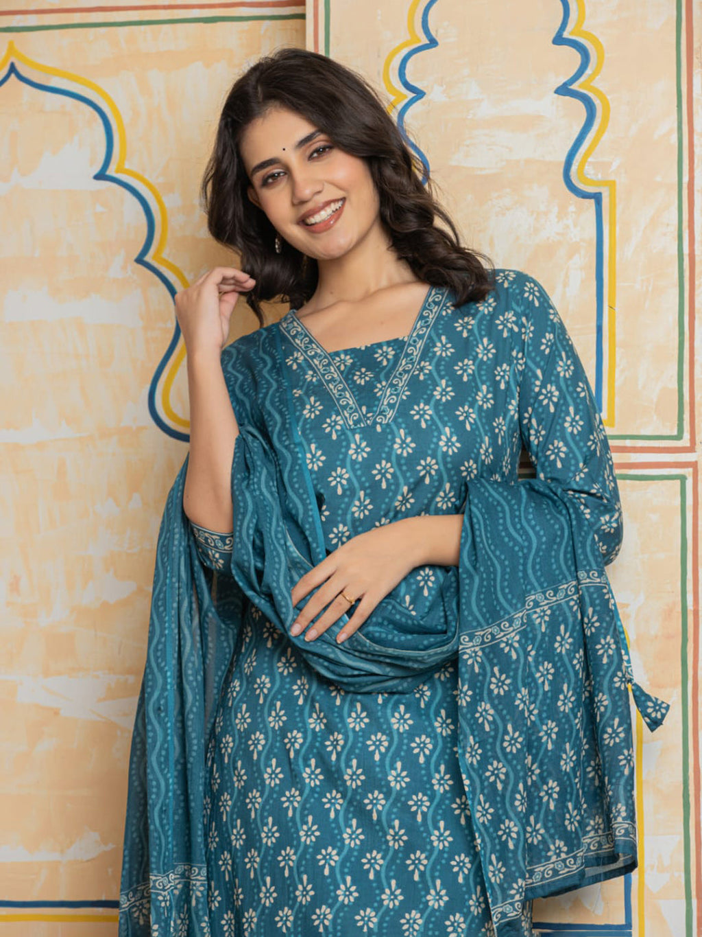 Light Blue Embroidered Cotton Blend Straight Suit Set With Dupatta