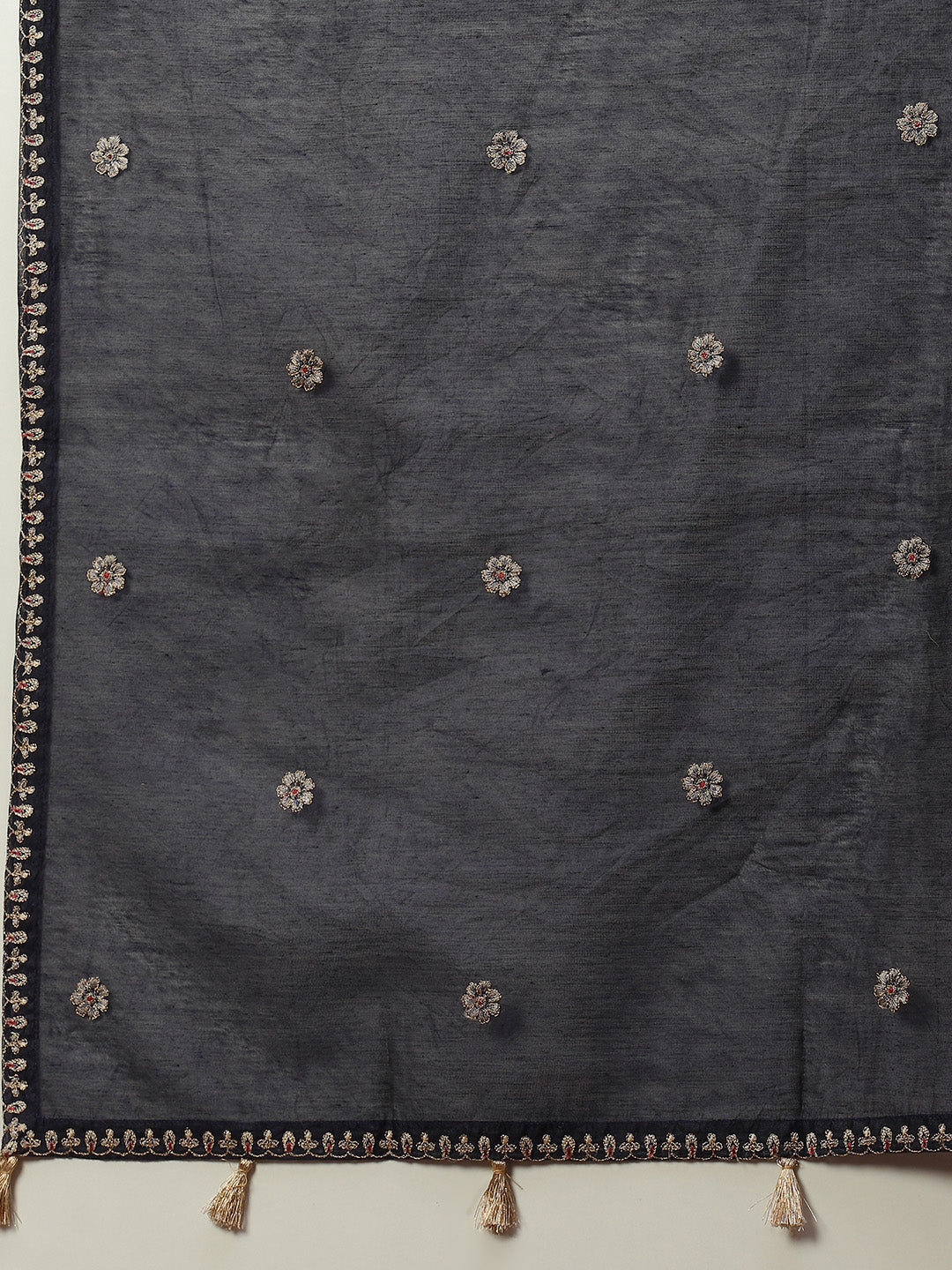 Resham Neck Embroidered Chanderi Kurta With Pants &amp; Dupatta