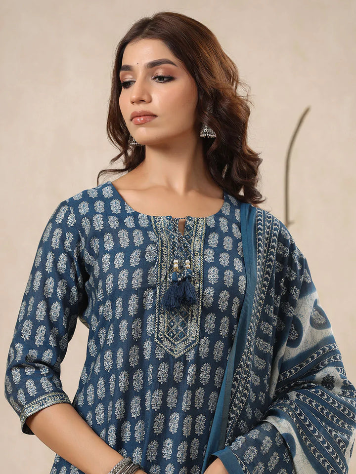 Block Printed Muslin Kurta With Pants &amp; Dupatta
