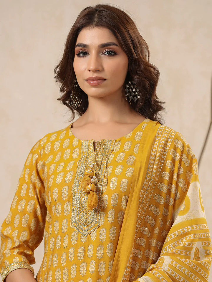 Block Printed Muslin Kurta With Pants &amp; Dupatta