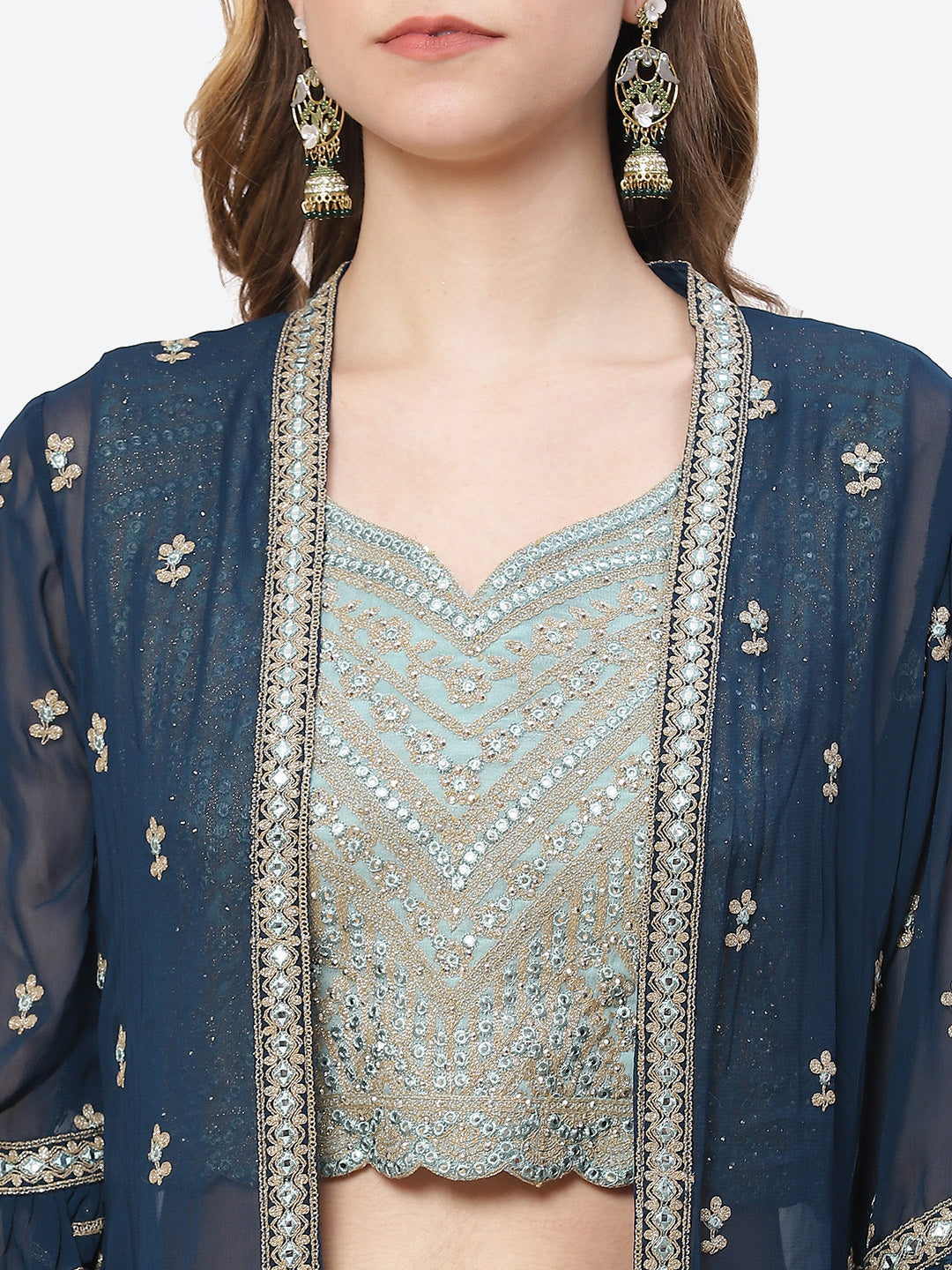 Mirror Work Georgette Jacket With Lehenga Choli And Net Dupatta