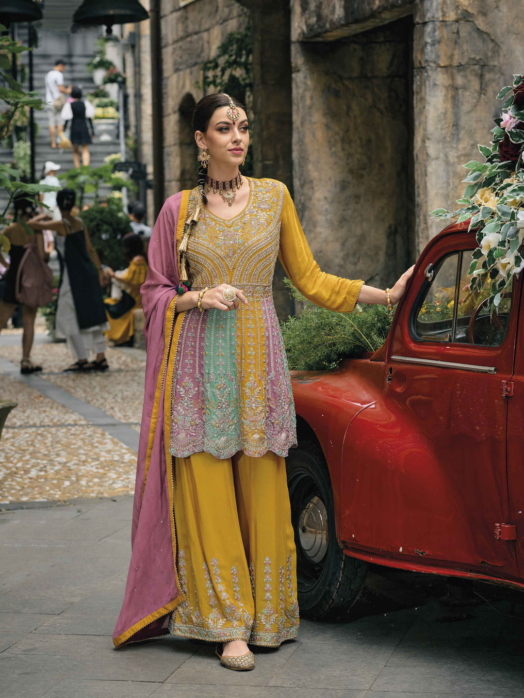 Embroidery Crepe Suit Set With Dupatta &amp; Sharara