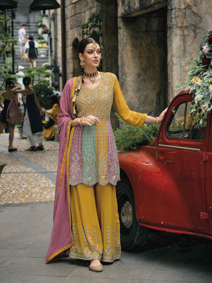 Embroidery Crepe Suit Set With Dupatta &amp; Sharara