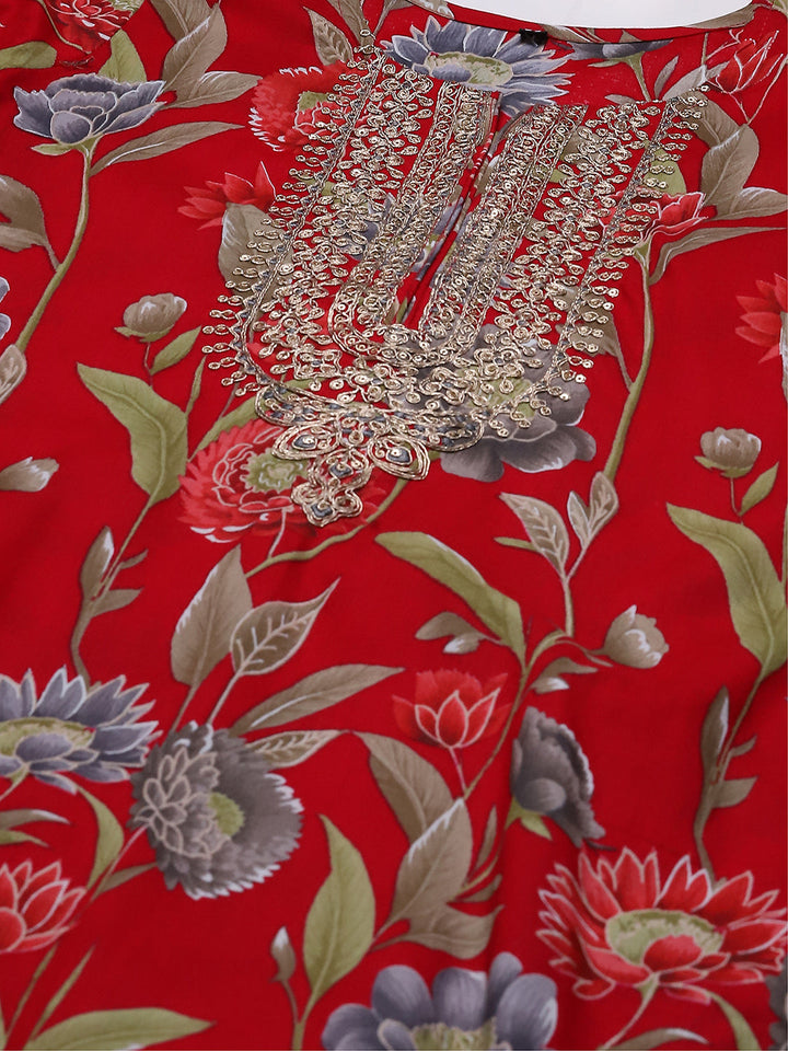 Neck Embroidered Cotton Blend Kurta With Pants