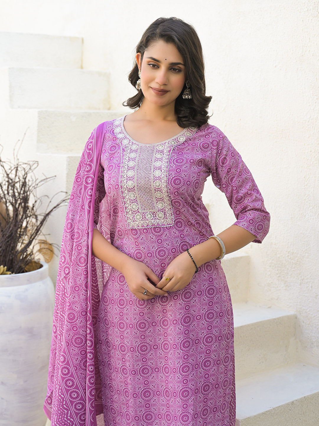 Floral Printed Cotton Kurta With Pants &amp; Dupatta