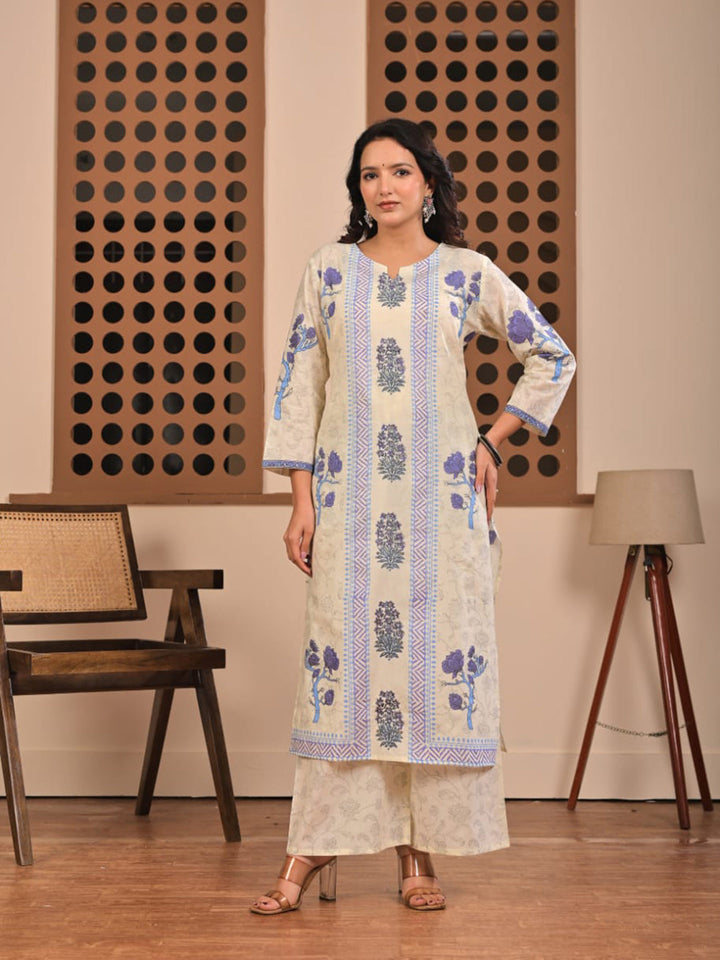 Cream Blue Cotton Blend Printed Straight Suit Set