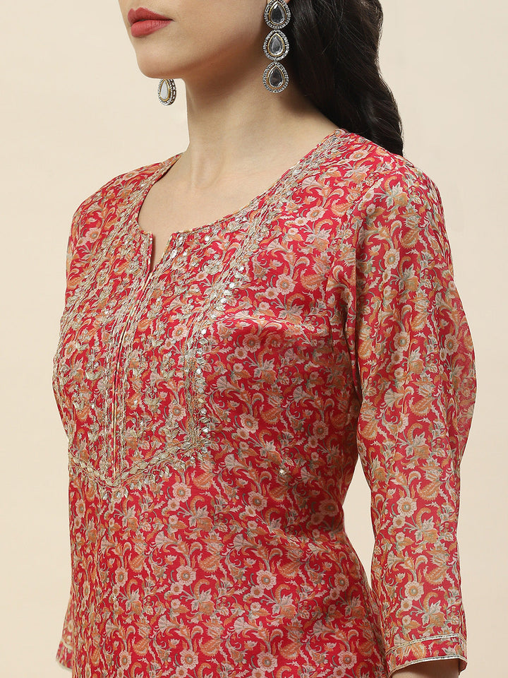 Printed Gota Work Chanderi Kurta With Pants