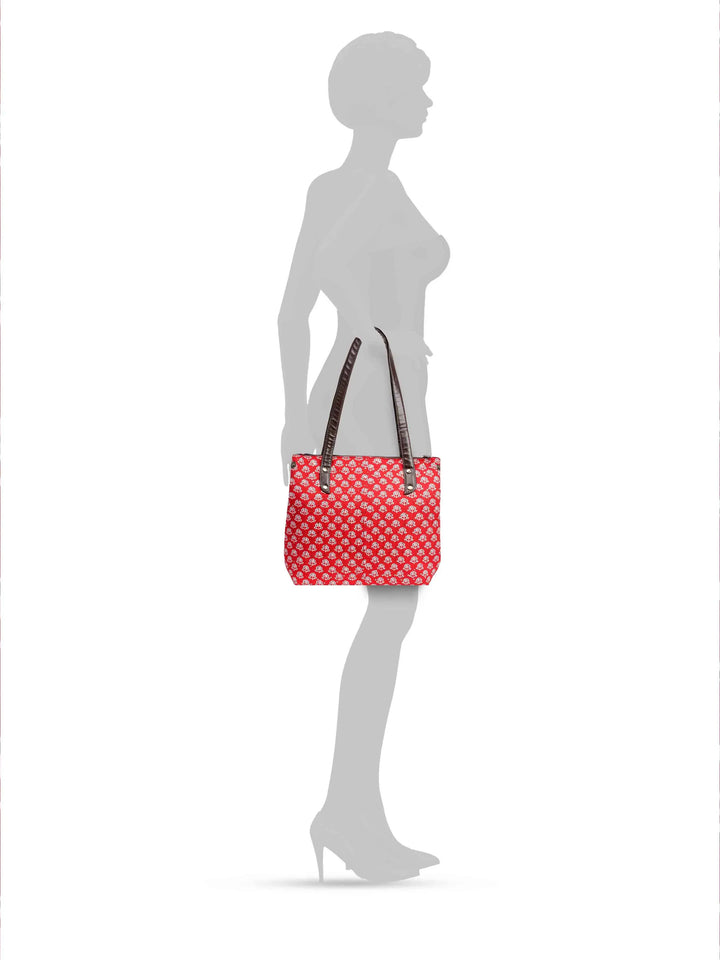 Maroon &amp; Grey Cotton Handbag With Pouch
